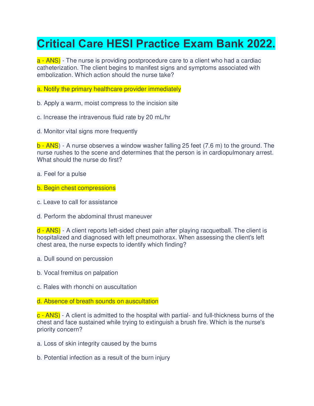 Preview image for Critical Care HESI Practice Answered 100% Correctly, A+ guide Fall 2022/2023.